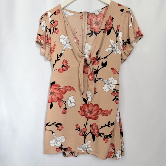 FAVLUX Dresses & Skirts - FAVLUX Tan Floral Mini Dress with Red and White Accents, Women’s Large
